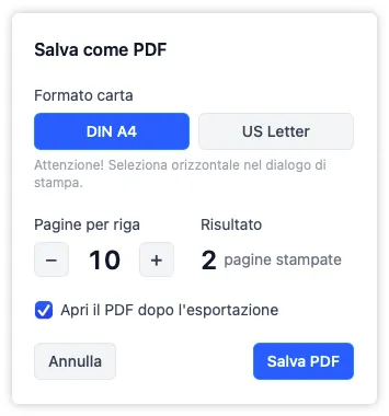 La finestra di esportazione PDF con i controlli di formato carta e pagine per riga, che mostra come si adatta il layout di output prima di confermare e salvare in Download.