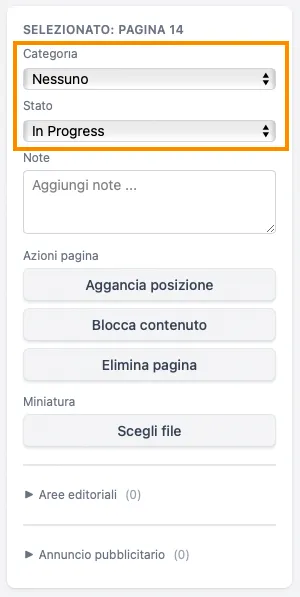 Il pannello della pagina selezionata nella barra laterale, con i menu di categoria e stato e un campo per le note relativo alla pagina selezionata.