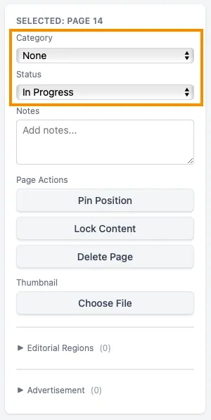 The selected page panel in the sidebar, with category and status dropdowns and a notes field for the currently selected page.