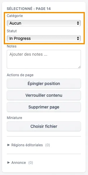Le panneau de page sélectionnée dans la barre latérale, avec les menus de catégorie et de statut et un champ de notes pour la page sélectionnée.