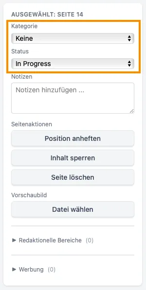 Der Bereich der ausgewählten Seite in der Seitenleiste, mit Kategorie- und Status-Auswahlmenüs und einem Notizfeld für die aktuell ausgewählte Seite.