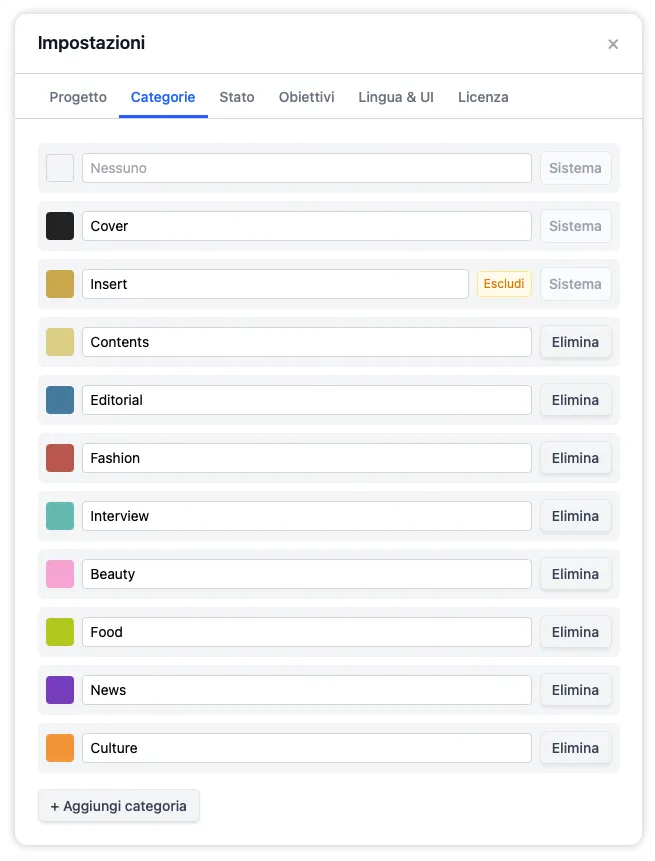 La pestaña Categorías que lista cada etiqueta de sección con su muestra de color y nombre editable, con opciones para añadir, renombrar, recolorear o eliminar.