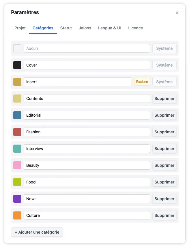 L'onglet Catégories listant chaque libellé de rubrique avec son échantillon de couleur et son nom modifiable, avec des options pour ajouter, renommer, recolorer ou supprimer.