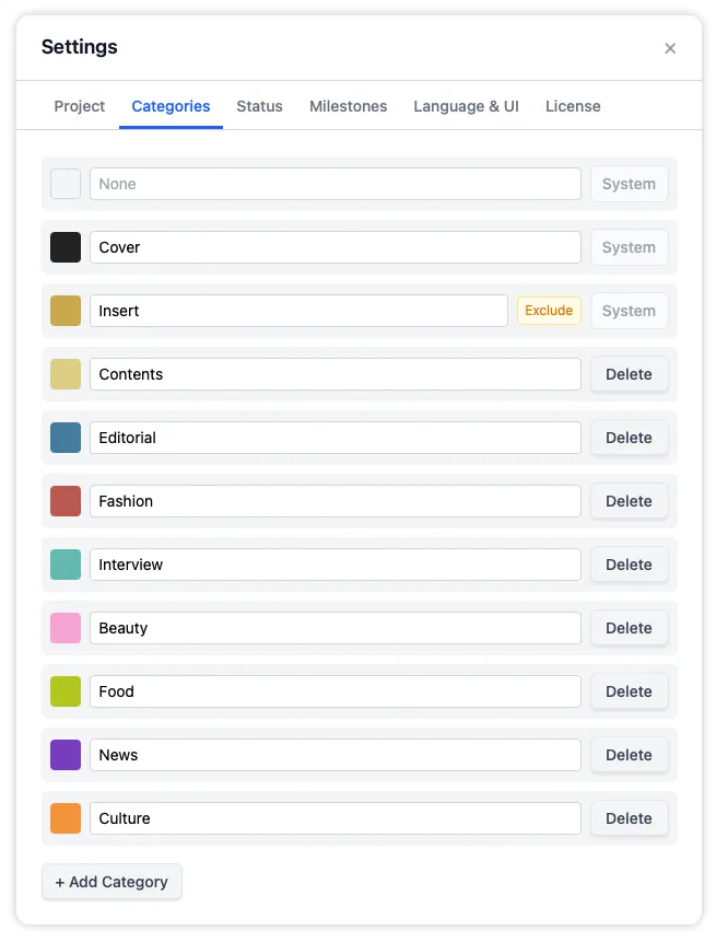The Categories tab listing each section label with its color swatch and editable name, with options to add, rename, recolor, or delete.