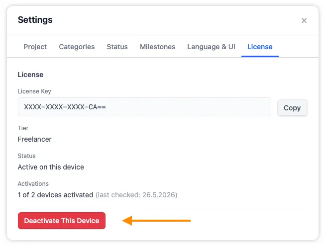 The License tab in Settings showing the Deactivate this device button, which releases a device slot so you can activate on a different machine.