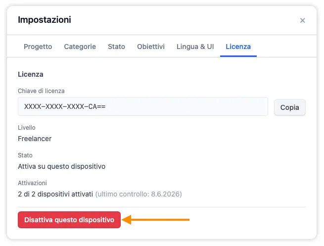 La scheda Licenza nelle Impostazioni con il pulsante Disattiva questo dispositivo evidenziato: il punto di partenza per spostare PageTatin su una nuova macchina.