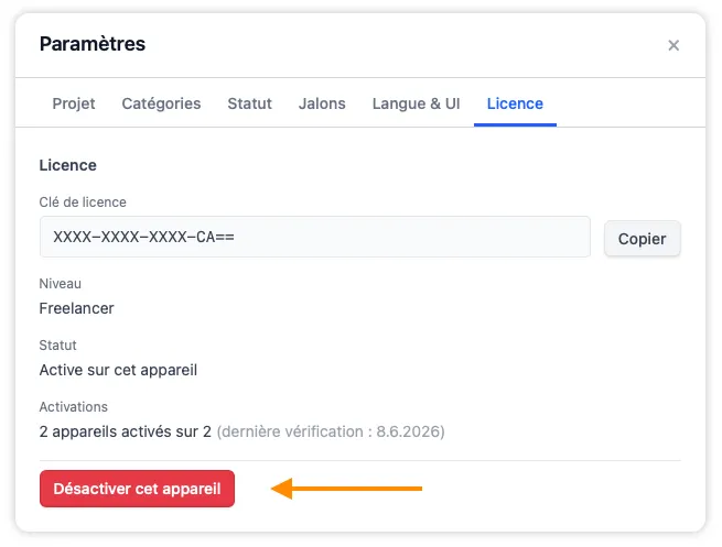 L'onglet Licence dans les Paramètres montrant le bouton Désactiver cet appareil, qui libère une place d'appareil pour que vous puissiez activer sur une autre machine.