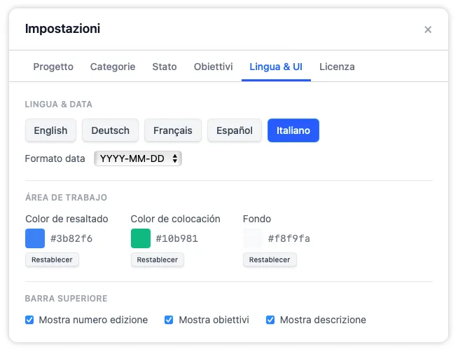 La pestaña Idioma e interfaz con controles para el idioma de la app, el formato de fecha, los temas de color del área de trabajo y las opciones de la barra superior.