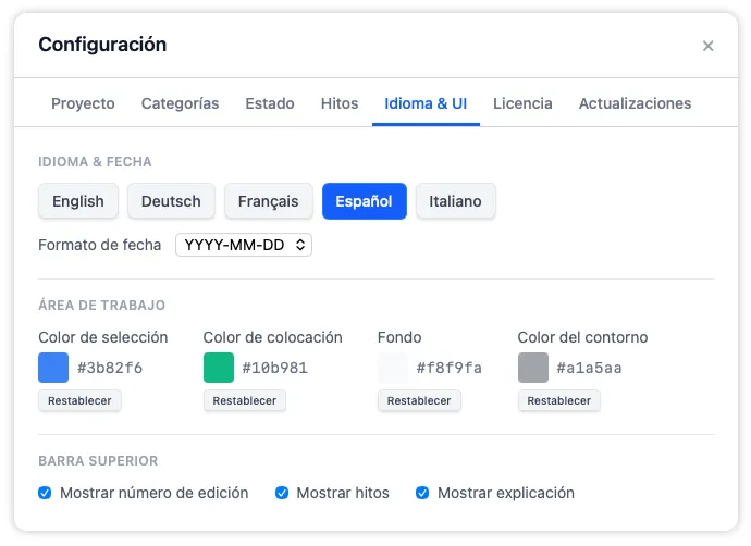 La pestaña Idioma e interfaz con controles para el idioma de la app, el formato de fecha, los temas de color del área de trabajo y las opciones de la barra superior.