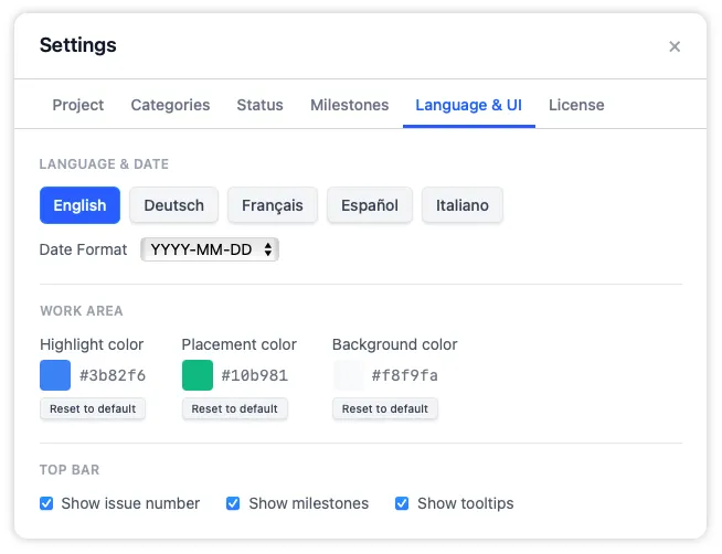The Language and UI tab with controls for app language, date format, work area color themes, and top bar display options.