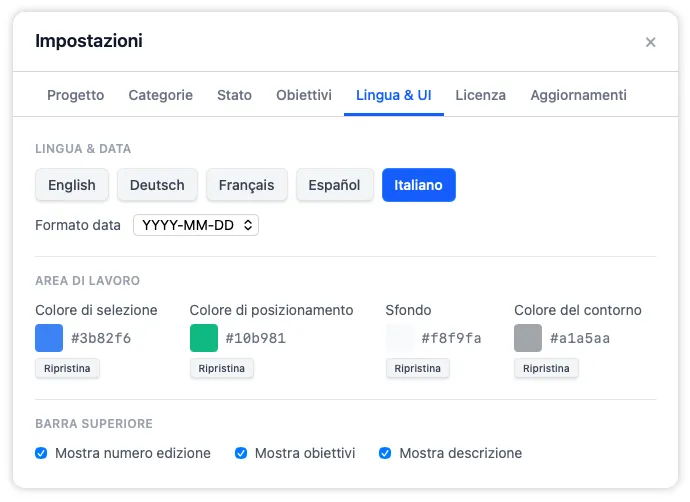 La scheda Lingua e interfaccia con i controlli per lingua dell'app, formato data, temi di colore dell'area di lavoro e opzioni di visualizzazione della barra superiore.