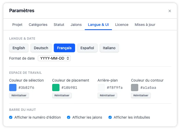 L'onglet Langue et interface avec des commandes pour la langue de l'app, le format de date, les thèmes de couleur de l'espace de travail et les options d'affichage de la barre du haut.