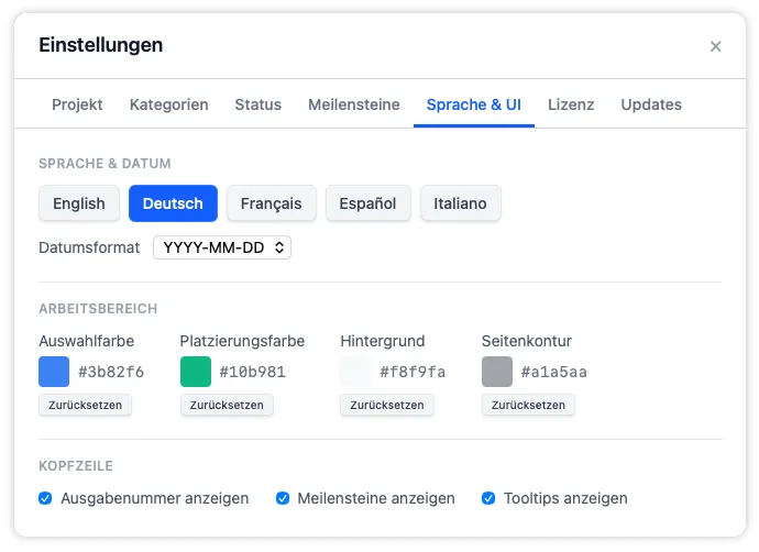 Der Reiter „Sprache und UI“ mit Steuerelementen für App-Sprache, Datumsformat, Farbthemen des Arbeitsbereichs und Anzeigeoptionen der Kopfzeile.