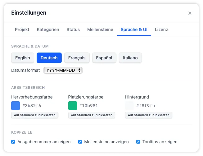 Der Reiter „Sprache und UI“ mit Steuerelementen für App-Sprache, Datumsformat, Farbthemen des Arbeitsbereichs und Anzeigeoptionen der Kopfzeile.