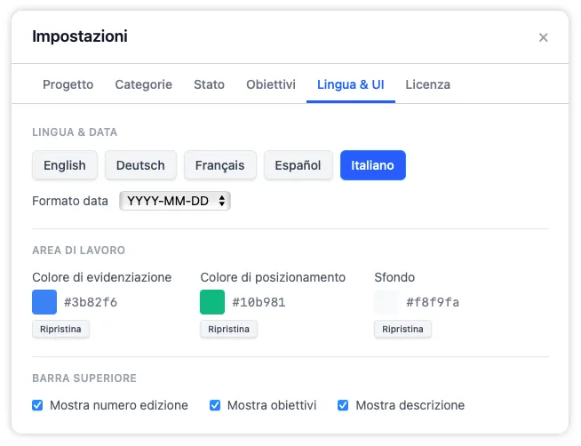 La scheda Lingua e interfaccia con i controlli per lingua dell'app, formato data, temi di colore dell'area di lavoro e opzioni di visualizzazione della barra superiore.