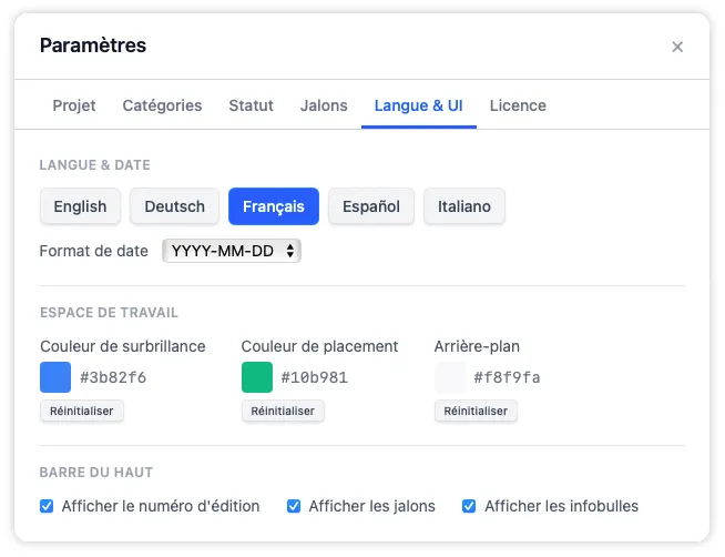 L'onglet Langue et interface avec des commandes pour la langue de l'app, le format de date, les thèmes de couleur de l'espace de travail et les options d'affichage de la barre du haut.