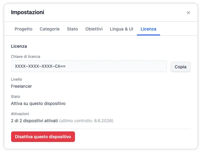 La pestaña Licencia que muestra la clave de licencia truncada, el nivel, el estado de activación en este dispositivo y el botón Desactivar este dispositivo para trasladarse a un equipo nuevo.