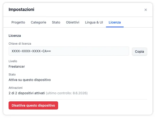 La scheda Licenza che mostra la chiave di licenza troncata, il livello, lo stato di attivazione su questo dispositivo e il pulsante Disattiva questo dispositivo per passare a una nuova macchina.