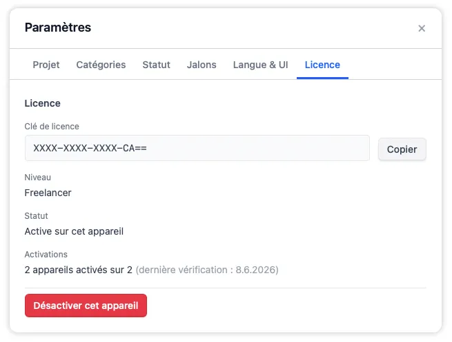 L'onglet Licence montrant la clé de licence tronquée, le niveau, le statut d'activation sur cet appareil et le bouton Désactiver cet appareil pour passer à une nouvelle machine.