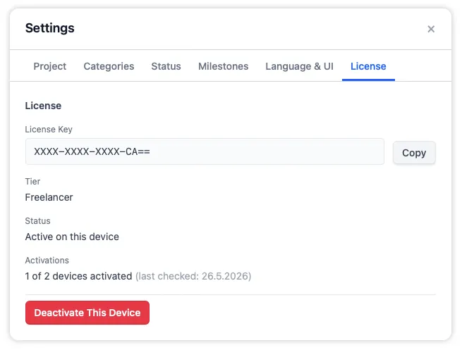 The License tab showing truncated license key, tier, activation status on this device, and the Deactivate this device button for moving to a new machine.