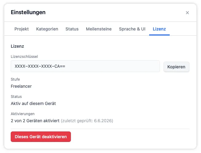 Der Reiter „Lizenz“ zeigt den gekürzten Lizenzschlüssel, die Stufe, den Aktivierungsstatus auf diesem Gerät und die Schaltfläche „Dieses Gerät deaktivieren“ für den Umzug auf einen neuen Rechner.