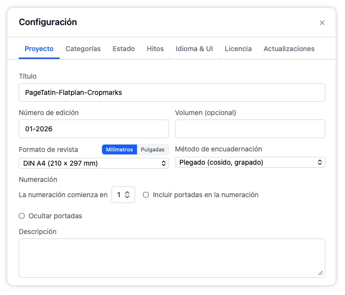 La pestaña Proyecto en Configuración para actualizar el título de la publicación, el formato de papel, el método de encuadernación, el inicio de la numeración de páginas y la descripción de la edición.