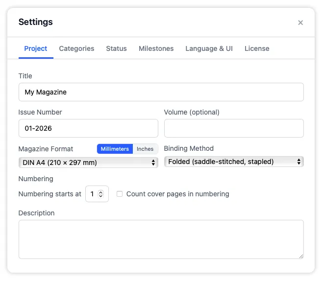 The Project tab in Settings for updating the publication title, paper format, binding method, page numbering start, and issue description.