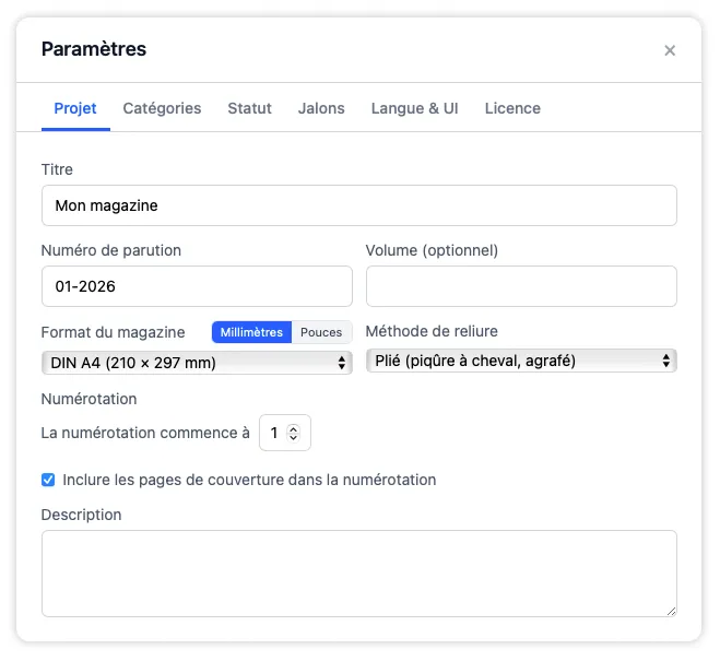 L'onglet Projet dans les Paramètres pour mettre à jour le titre de la publication, le format de papier, la méthode de reliure, le début de la numérotation des pages et la description du numéro.