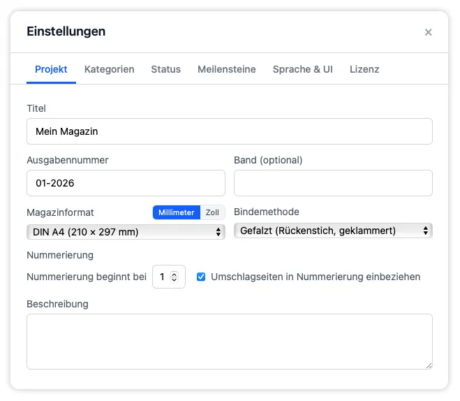 Der Reiter „Projekt“ in den Einstellungen zum Aktualisieren von Publikationstitel, Papierformat, Bindemethode, Beginn der Seitennummerierung und Ausgabenbeschreibung.