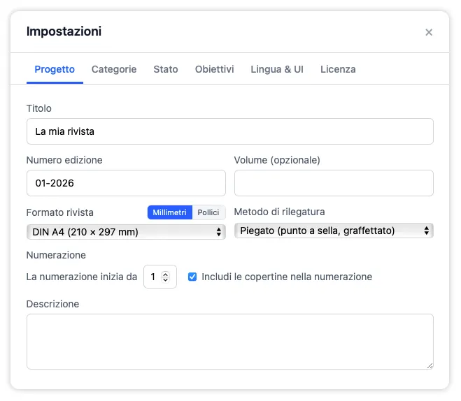 La pestaña Proyecto en Configuración para actualizar el título de la publicación, el formato de papel, el método de encuadernación, el inicio de la numeración de páginas y la descripción de la edición.