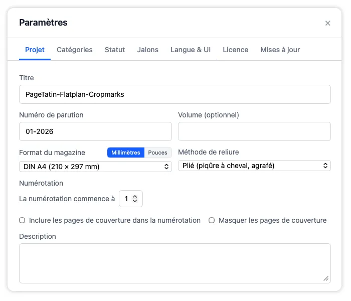 L'onglet Projet dans les Paramètres pour mettre à jour le titre de la publication, le format de papier, la méthode de reliure, le début de la numérotation des pages et la description du numéro.