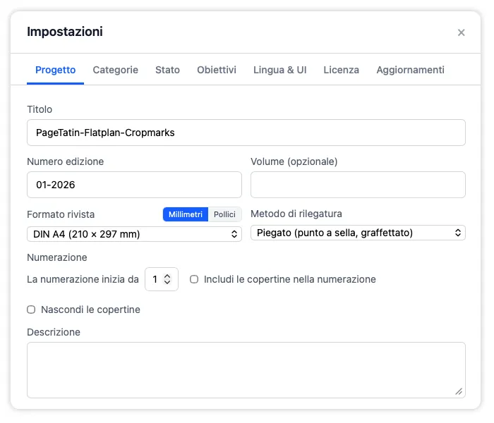 La scheda Progetto nelle Impostazioni per aggiornare titolo della pubblicazione, formato carta, metodo di rilegatura, inizio della numerazione delle pagine e descrizione del numero.