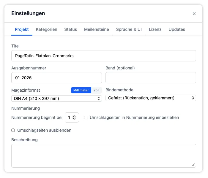 Der Reiter „Projekt“ in den Einstellungen zum Aktualisieren von Publikationstitel, Papierformat, Bindemethode, Beginn der Seitennummerierung und Ausgabenbeschreibung.