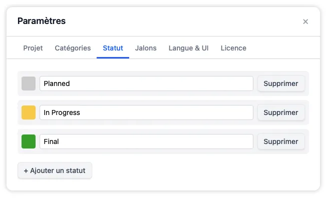 L'onglet Statut listant les étapes de production avec des échantillons de couleur et des noms modifiables, avec les mêmes commandes d'ajout, de renommage, de recoloration et de suppression que les catégories.
