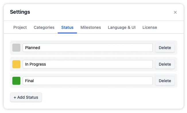 The Status tab listing production stages with color swatches and editable names, with the same add, rename, recolor, and delete controls as categories.
