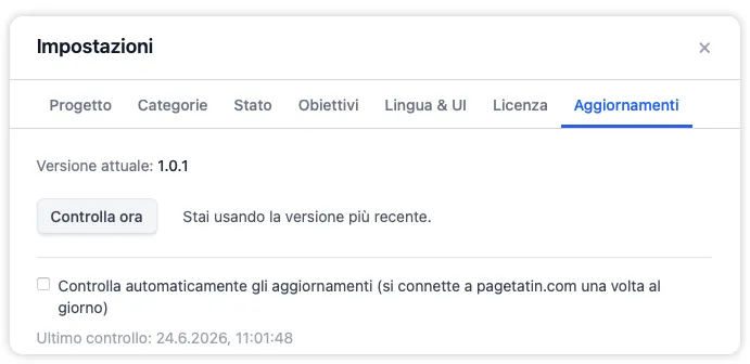 La scheda Aggiornamenti nelle Impostazioni con la versione attuale, un pulsante per verificare subito e un interruttore per la verifica automatica.
