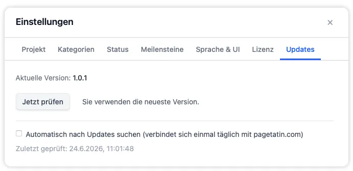Der Tab Updates in den Einstellungen mit aktueller Version, Schaltfläche zur sofortigen Prüfung und Schalter für die automatische Update-Prüfung.