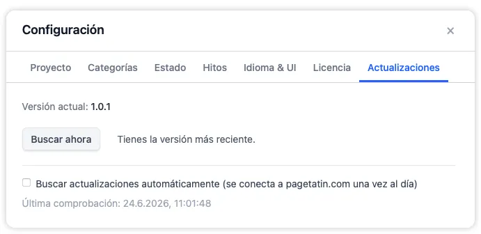 La pestaña Actualizaciones en Configuración con la versión actual, el botón para buscar ahora y el interruptor para la comprobación automática.