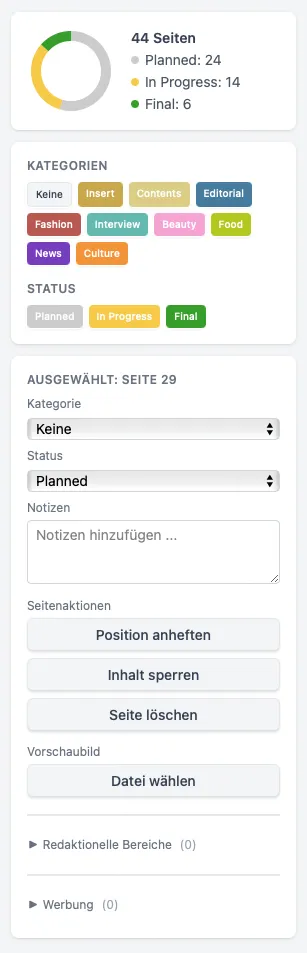 Die kontextabhängige Seitenleiste mit Fortschrittsring, Kategorie- und Statuslisten sowie den Steuerelementen der ausgewählten Seite, alle gleichzeitig sichtbar.