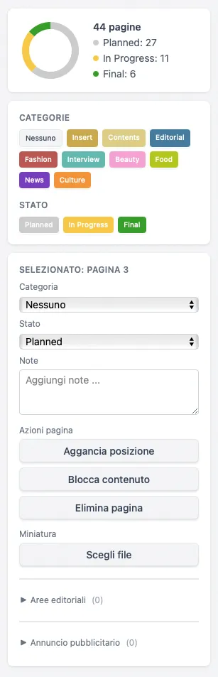 La barra laterale contestuale con l'anello di avanzamento, le liste di categorie e stati e i controlli della pagina selezionata, tutti visibili contemporaneamente.