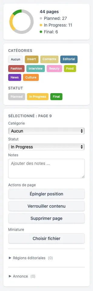 La barre latérale contextuelle avec l'anneau de progression, les listes de catégories et de statuts, et les commandes de la page sélectionnée, tous visibles en même temps.