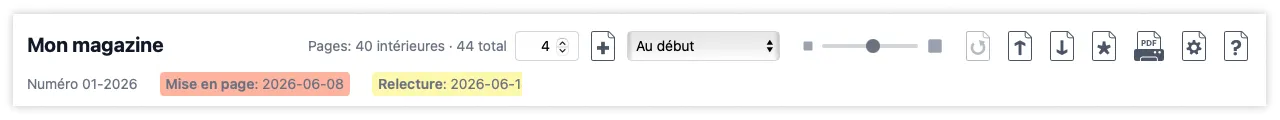 La barre du haut d'un flatplan PageTatin, montrant le titre de la publication, le numéro, les compteurs de pages en direct, le curseur de zoom et la rangée de boutons d'action.