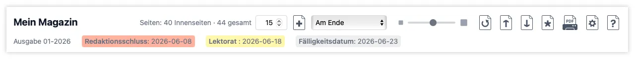 Die Kopfzeile eines PageTatin-Seitenspiegels mit Publikationstitel, Ausgabennummer, Live-Seitenzahlen, Zoom-Schieberegler und der Reihe der Aktionsschaltflächen.