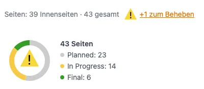 Das Warndreieck zur Bindung, sichtbar im Fortschrittsring und in der Kopfzeile, das eine Seitenanzahl markiert, die nicht zur gewählten Bindemethode passt.